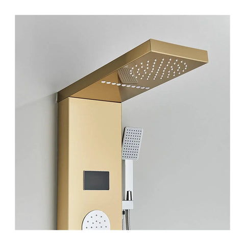 RIBEUJIZS Digital Shower System, Shower Panel Column with golden overhead rainfall head and handheld shower, sleek design.