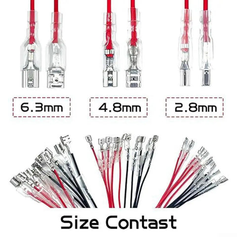 Get The Ultimate 30 Piece Spade Terminal Kit With Insulating Sleeves For 4.8mm, 6.3mm, And 8mm Wire Sizes To Nail Reliable And Solid Electrical Connections On Your Next Ride Or Rig Without Any Hassle. Female spade terminals, 6.3mm 4.8mm 2.8mm sizes, tinned copper with insulated sleeves.