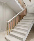 Top Shelf Gold Glass Staircase Balusters With Rock Solid Aluminum Spindles For Indoor Outdoor Stairs, Heavy Duty safety railings on elegant stairway.