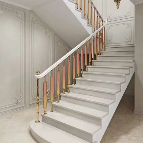 Top Shelf Gold Glass Staircase Balusters With Rock Solid Aluminum Spindles For Indoor Outdoor Stairs, Heavy Duty safety railings on elegant stairway.
