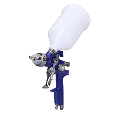 Top Tier Gravity Feed Hvlp Spray Gun With Six Hundred Cc Cup delivers slick coatings, featuring lightweight blue aluminum body and stainless steel parts.