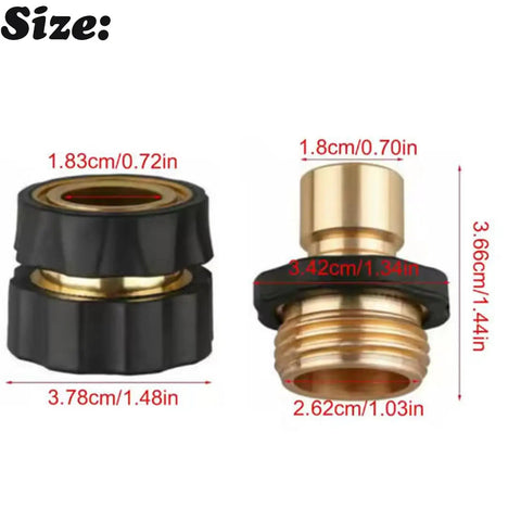 Top Tier Garden Hose Quick Connector Upgrade Kit, 3/4 Inch Male Female Fitting Adapter, size diagram with brass and black hose parts