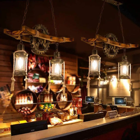 Retro Wood Pendant Lighting Fixture With Glass Shade And Black Metal Cage Frame installed above bar counter