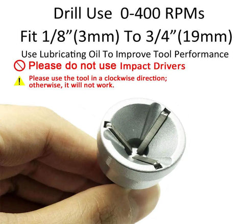 Hand holding External Deburring Chamfer Tool with HSS Blade for 1/8-3/4 inch drills, showing quick-release shank and instructions.