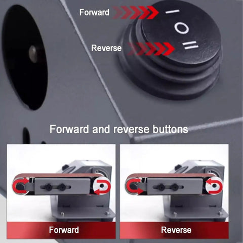 Mini Electric Wet Dry Bench Sander With Variable Speed Control Up To 13000Rpm And Lcd Display showing forward and reverse buttons for operation.