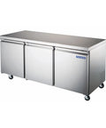 Kick Butt Commercial Under Counter Refrigerator Three Self Closing Doors Stainless Steel Interior 72 Inches with smooth top.