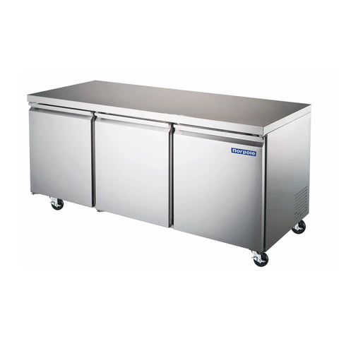 Kick Butt Commercial Under Counter Refrigerator Three Self Closing Doors Stainless Steel Interior 72 Inches with smooth top.