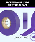 Purple Electrical Tape Ten Pack Waterproof Three Quarter Inch By Sixty Six Feet Industrial Grade UL CSA Listed High Temperature Vinyl Insulation Tape For Wiring Splicing And Bundling, showing dimensions and thickness.
