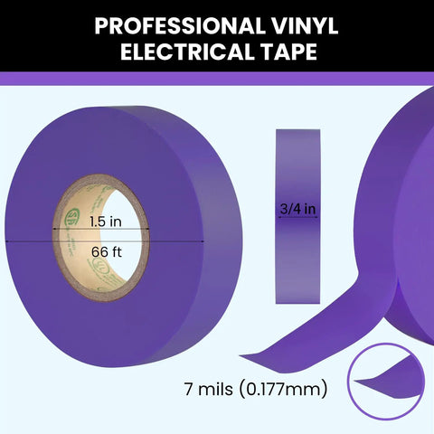 Purple Electrical Tape Ten Pack Waterproof Three Quarter Inch By Sixty Six Feet Industrial Grade UL CSA Listed High Temperature Vinyl Insulation Tape For Wiring Splicing And Bundling, showing dimensions and thickness.