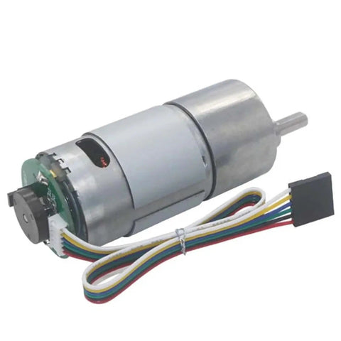High Torque 6V 12V 24V Dc Gear Motor With Encoder And Hall Sensor for robotic projects, featuring a silver metal body and multi-colored wires.