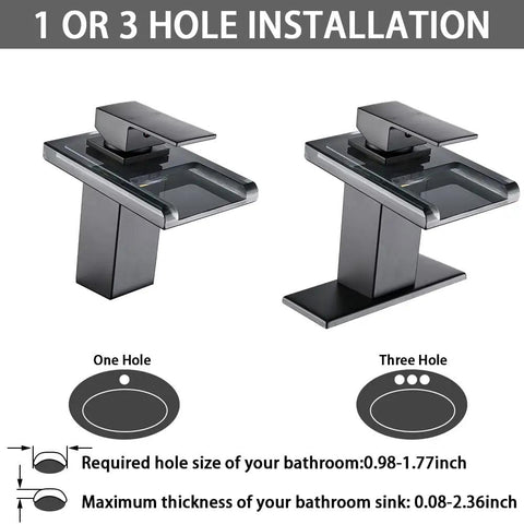 LED Temperature Sensing Slick Matte Black Bathroom Sink Faucet With Open Glass Spout Waterfall Flow Single Hole Mount