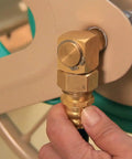 Close-up of brass connector on Built Tough Heavy Duty Steel Garden Hose Reel Wall And Floor Mount, 200 Ft Capacity Of 5/8 Inch Hose, Industrial Grade, Rugged Wall Mounted Reel With Non Slip Floor Boots, Weather Resistant Powder Coated Tan Finish