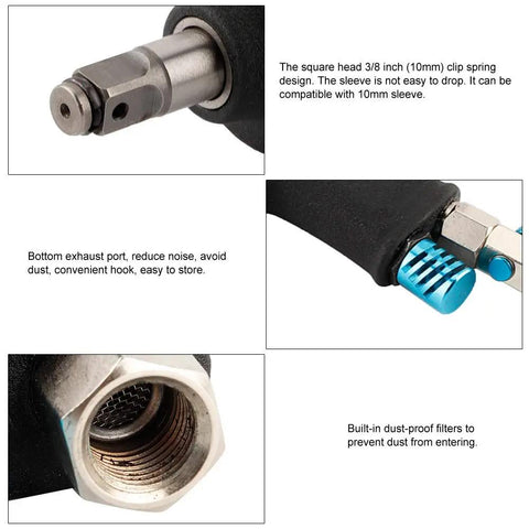 Close-up detail of Heavy Duty 3/8 Inch Pneumatic Impact Wrench With Forward Reverse Toggle showing clip spring design and exhaust port.