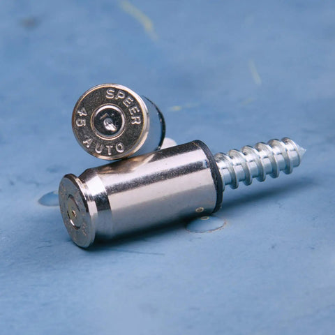Roll Custom With These Tough As Nails Forty Five Caliber License Plate Screws Featuring Bullet Fasteners And A Solid Nickel Plated Finish That Stays Clean For Cars Trucks And Motorcycles, showing bullet fasteners with a shiny nickel finish.