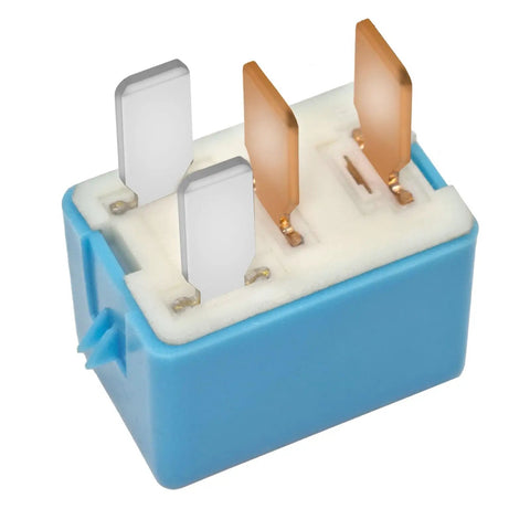 Set Of 2 Beefy 4 Pin Automotive Relay Plug And Play Drop In Replacement For 90987-02027 156700-2870 High Quality Durable AC Relay For Cars Trucks And SUVs. Blue 4-pin relay close-up