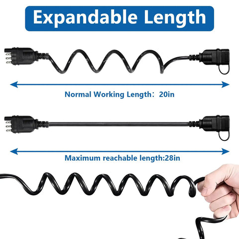 Hella Heavy Duty Retractable 4 Pin Trailer Wire Extension With Solid 18awg Rv Hookups And Gunk Resistant Dust Cover showing expandable lengths of 20in and 28in.