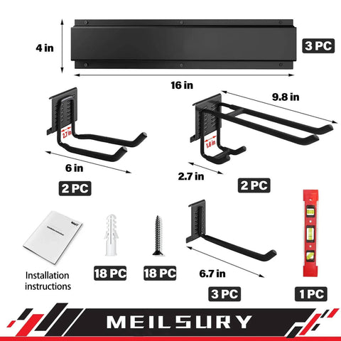 48 Inch Garage Tool Organization Wall Mount Rack with 3 rails, 7 hooks, torpedo level, screws, and instructions included