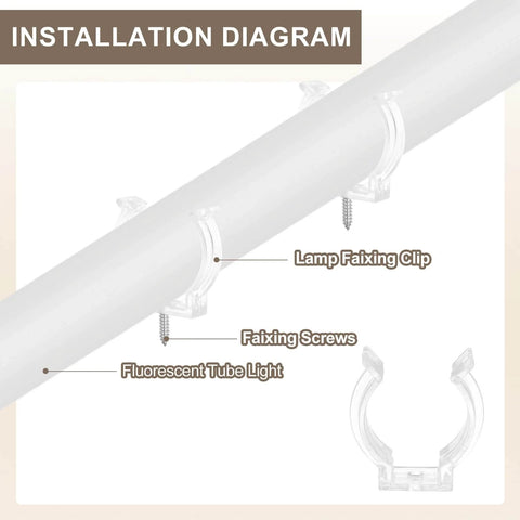 Installation diagram of U Clip Tube Light Holder Bracket Set For LED Fluorescent Tubes with screws, clear plastic, T5 size.