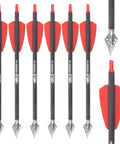 7.5 Inch Carbon Crossbow Bolts with 2 Inch Red Vanes, 100 Grain Broadhead Options, arranged side by side