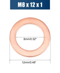 Close-up of an M8 copper flat washer measuring 12mm outside diameter, 1mm thick, ideal for automotive and garage projects.