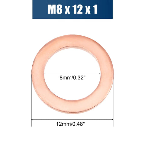 Close-up of an M8 copper flat washer measuring 12mm outside diameter, 1mm thick, ideal for automotive and garage projects.