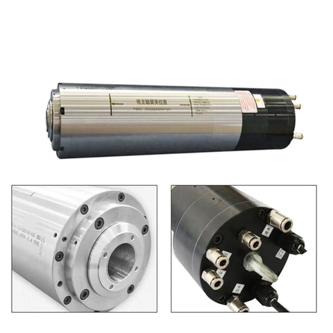 No Sweat Performance 4500W Water Cooled Spindle For CNC Router with BT30 Taper and 110MM Bore, showcasing motor design and connections.