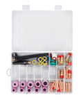 Premium TIG Welding Torch Kit With Gas Lens Type 10 Glass Ceramic Cup And Copper Accessories Designed For WP17 WP18 WP26 Argon Arc Guns, assorted parts in storage case.