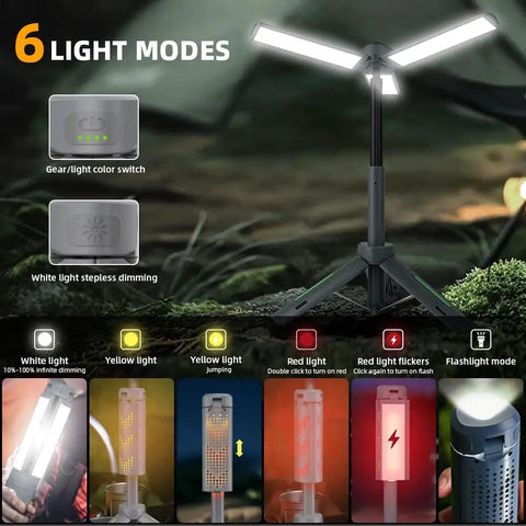 Rechargeable 8000mAh Camping And Work Light With 3 Adjustable Heads 3000 Lumen Cordless LED Light showing 6 light modes