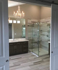 Bathroom with Plug In 6 Light Crystal Hanging Swag Chandelier With White Metal Frame Clear Glass Stem And Acrylic Crystals