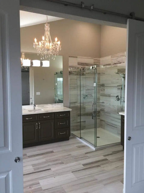 Bathroom with Plug In 6 Light Crystal Hanging Swag Chandelier With White Metal Frame Clear Glass Stem And Acrylic Crystals