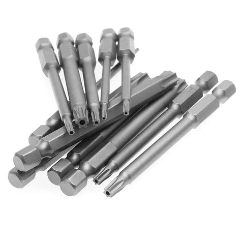 Premium 50 Pc Magnetic Screwdriver Bit Set With Extra Long 75mm Security Heads Includes Torx Star Hex And Spline Bits For Heavy Duty Jobs In A Tough Rugged Carrying Box Perfect For Any Garage Or DIY Project Ready To Handle Any Tough Screws, assorted bits close-up