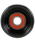 Beefy Serpentine Belt Drive Idler Pulley And Tensioner For OEM-Quality Routing, Heavy-Duty belt wheel with orange bearing, front view