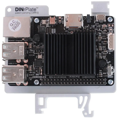 Solid Grip Din Rail Mount For Raspberry Pi Featuring Killer Cooling And Innovative Micro Usb Strain Relief For Hassle Free 35 Mm Rack Installation And Sweet Labs, showing detailed view of ODROID-C2 board with cooling fins.