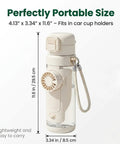 Side view of 2-In-1 Hydration Bottle With Built-In Foldable Cooling Fan, measurements shown, beige color, portable size.