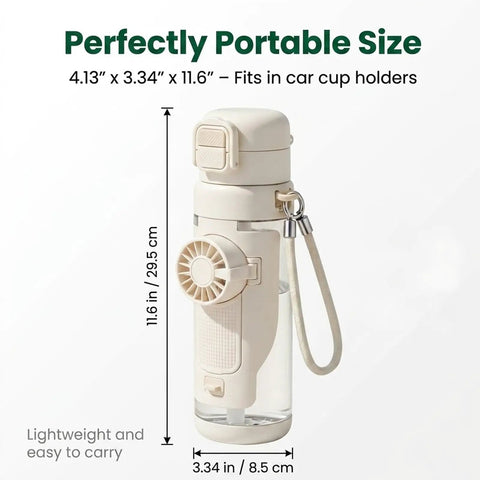 Side view of 2-In-1 Hydration Bottle With Built-In Foldable Cooling Fan, measurements shown, beige color, portable size.