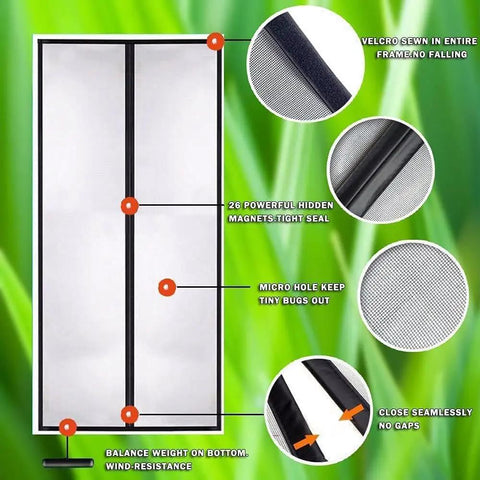 Pet Friendly Magnetic Screen Door With Fiberglass Mesh Easy Install Sliding Screen For Doors Lets Breeze In While Keeping Bugs Out Durable Mesh Door Net For Patio Or Back Door, with close-up of features like velcro and magnets.