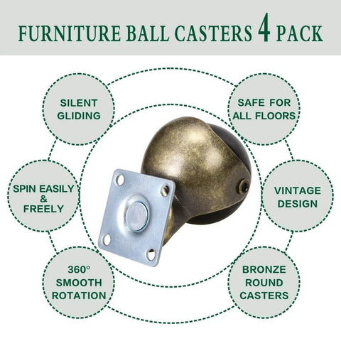 Front view: antique brass swivel furniture caster with mounting plate, 1.5-inch wheel