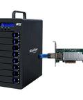 Slick Eight Bay Raid Storage Tower With Hot Swap Disk Slots And Kickass Fast Twelve Gb Sas Sata Hookup showing 8-bay array and connected PCIe card.