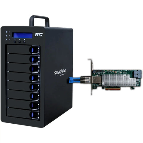 Slick Eight Bay Raid Storage Tower With Hot Swap Disk Slots And Kickass Fast Twelve Gb Sas Sata Hookup showing 8-bay array and connected PCIe card.