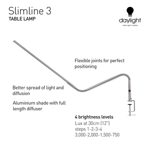 Slimline LED Table Lamp With 80 CRI Eye Care, brushed steel flexible neck, clamp, and brightness level details shown