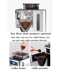 Fully Automatic Espresso Machine With Built In Grinder And Sleek Stainless Steel Body, showcasing the grinding chamber for beans and powder.