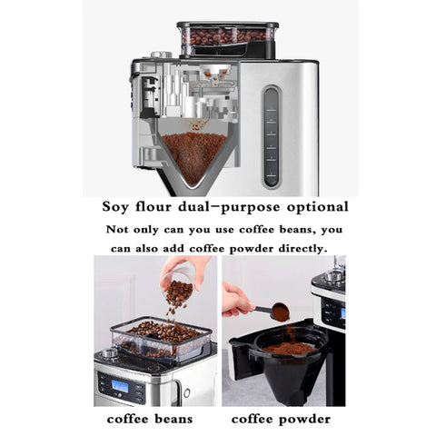 Fully Automatic Espresso Machine With Built In Grinder And Sleek Stainless Steel Body, showcasing the grinding chamber for beans and powder.