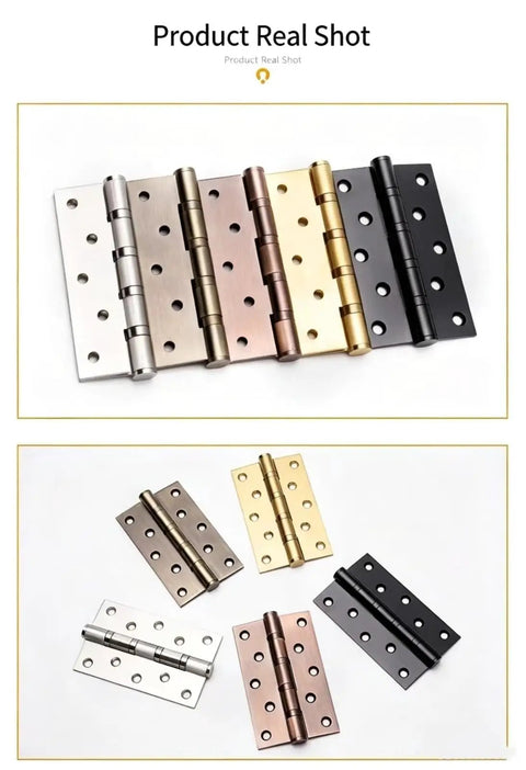 5 Inch Stainless Steel Swing Door Hinge With Silent Bearing For Interior Doors And Cabinets displayed in various finishes.