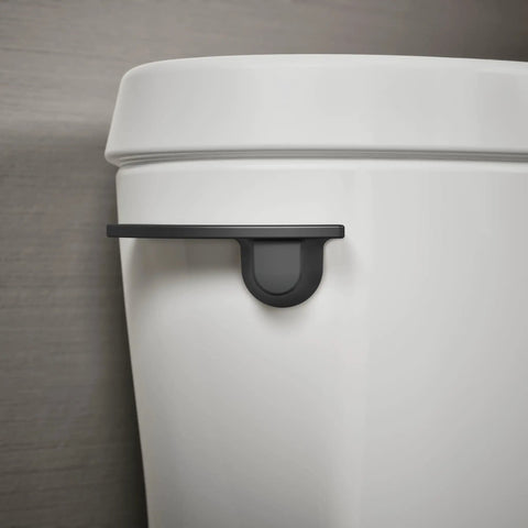 Betello Left Hand Trip Lever Matte Black for Betello Toilets seen on white toilet tank
