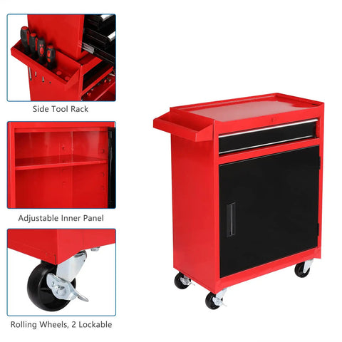 Five Drawer Rolling Tool Chest With Lockable Wheels Detachable Top And Adjustable Shelf Plus Bottom Cabinet For Heavy Duty Garage Workshop Shop And Warehouse Tool Organizer red steel chest with side tray, cabinet, and lockable casters