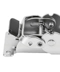 Close-up of heavy duty carbon steel folding brackets with 180 degree self locking hinges, electroplated finish for table legs.