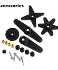 Assorted servo arm accessories for Beefy 25Kg Digital Servo With 360 Degree Rotation, screws, and connectors, black color.