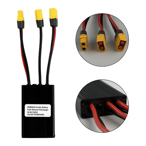 Hella Reliable Dual Battery Connector 20V To 72V 40A Parallel Adapter For Electric Scooters with XT60 plugs and aluminum body.