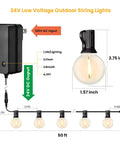 Diagram of Remote Controlled 50 Ft G40 Globe LED Outdoor String Lights With 25 Plus 1 Shatterproof Bulbs, showing dimensions and AC to DC conversion.