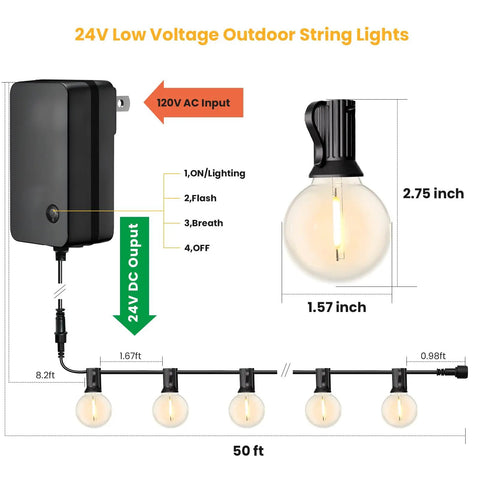 Diagram of Remote Controlled 50 Ft G40 Globe LED Outdoor String Lights With 25 Plus 1 Shatterproof Bulbs, showing dimensions and AC to DC conversion.